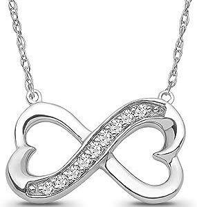 ARAIYA FINE JEWELRY 10K Gold or Silver Diamond Double Heart infinity Pendant with Sterling Silver Chain Necklace (1/10 cttw  I-J Color  I2-I3 Clarity) 18"